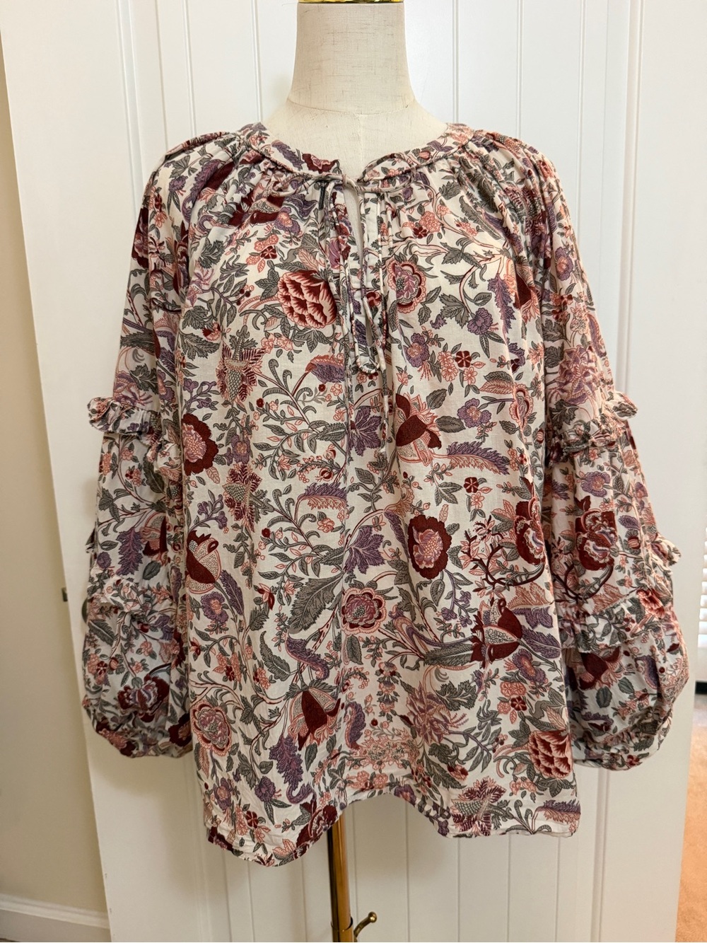 Love The Label by Anthropologie Peasant Top Rose & Cream Balloon Sleeves Sz L